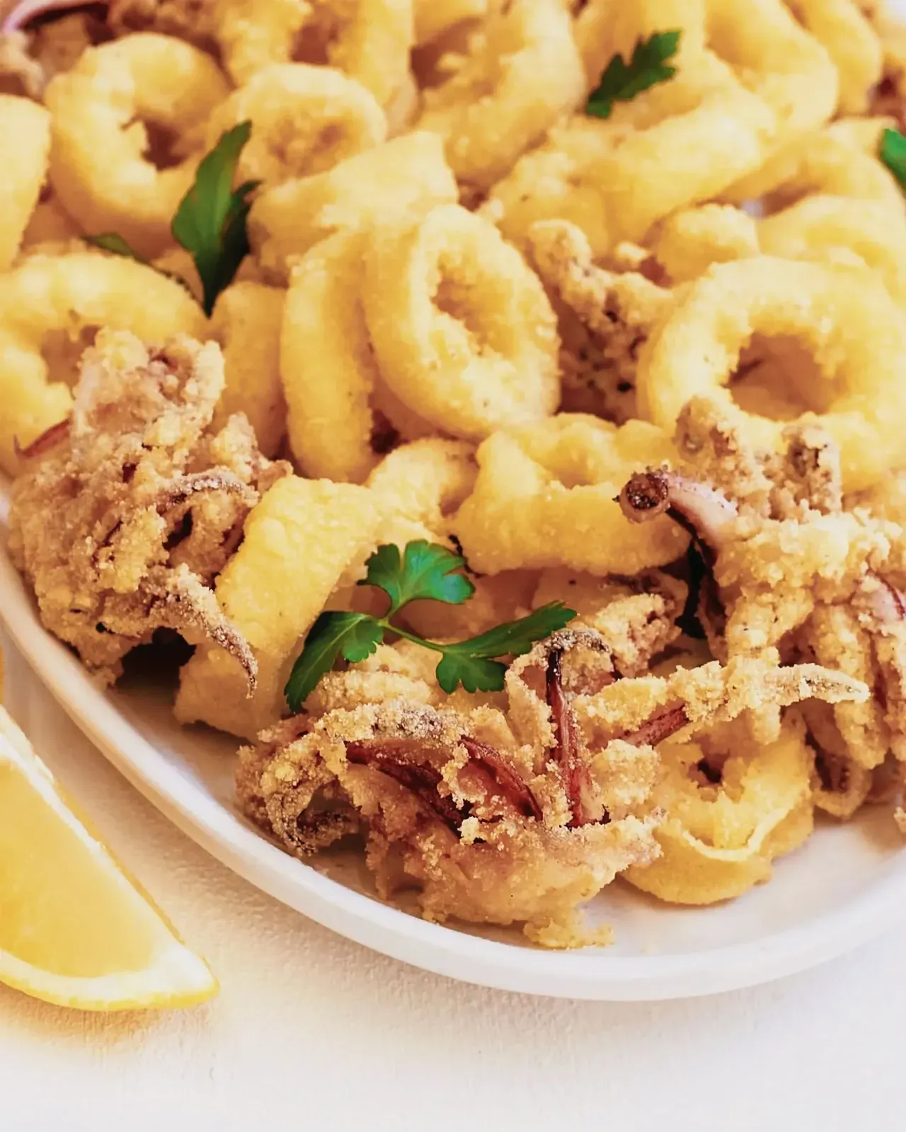 Delicious fried baby calamari served with lemon slice