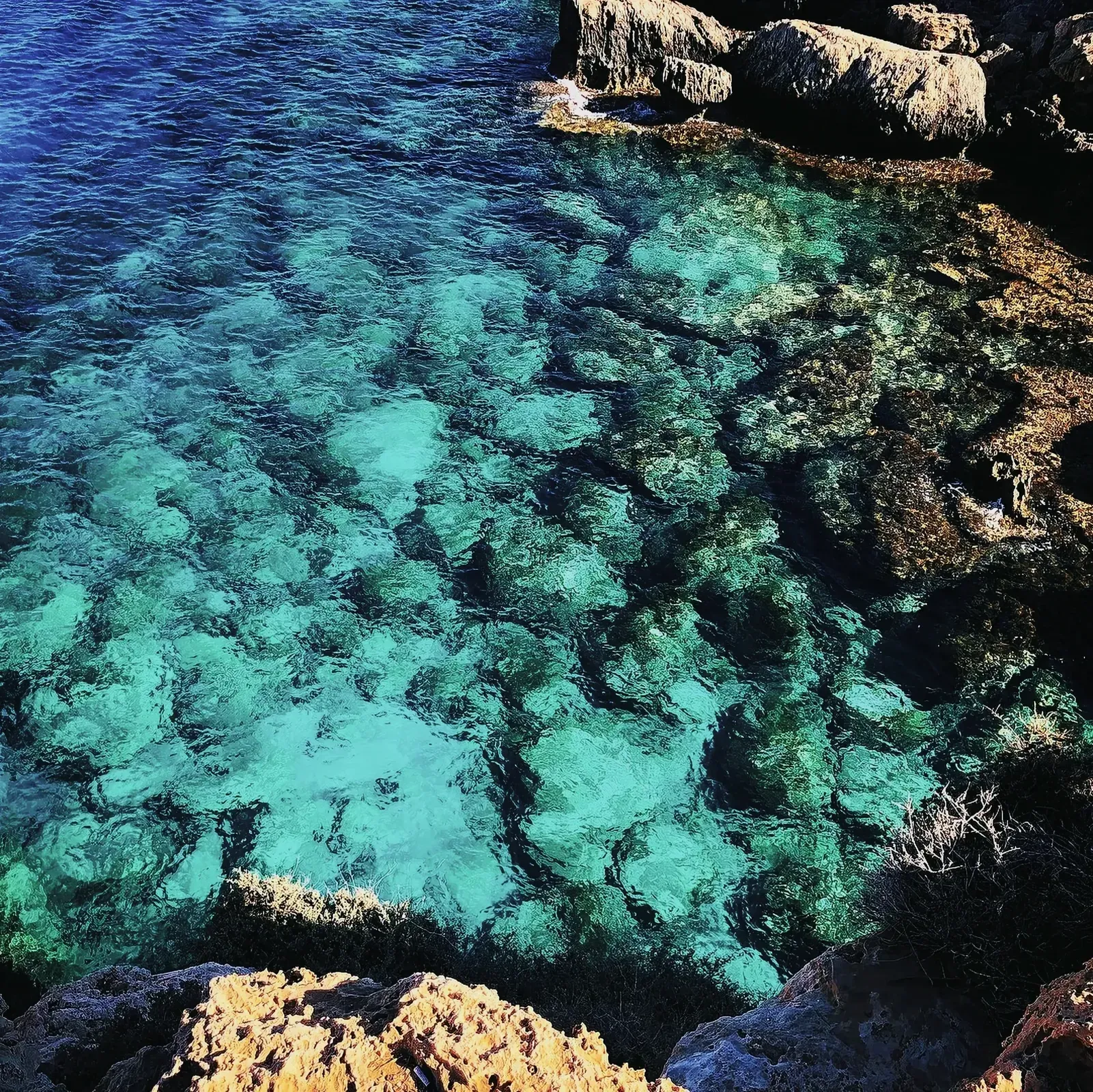 Vibrant turquoise sea with clear water and reef in Cape Greco National Park, Cyprus.