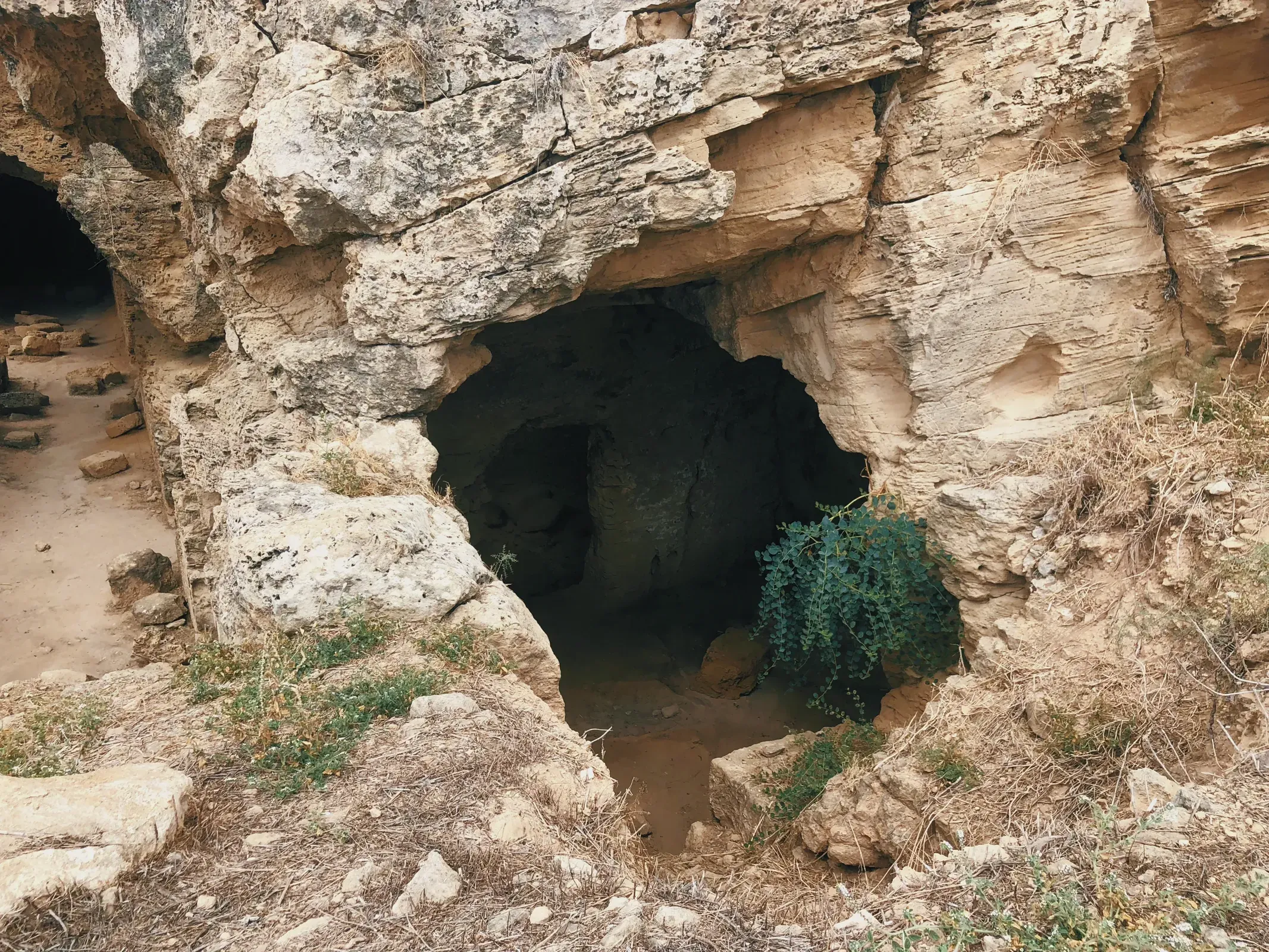 Natural cave in Nea Paphos surrounded by rocks and plant life