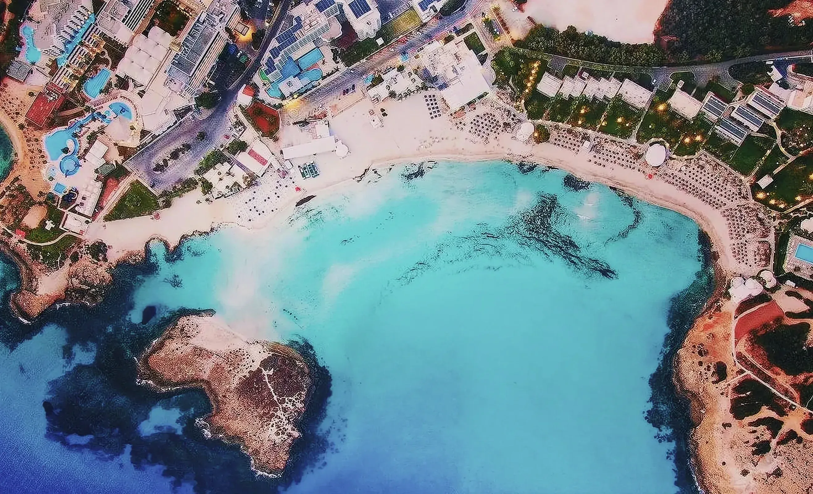 A breathtaking aerial photograph showcasing Nissi Beach in Ayia Napa, Cyprus.